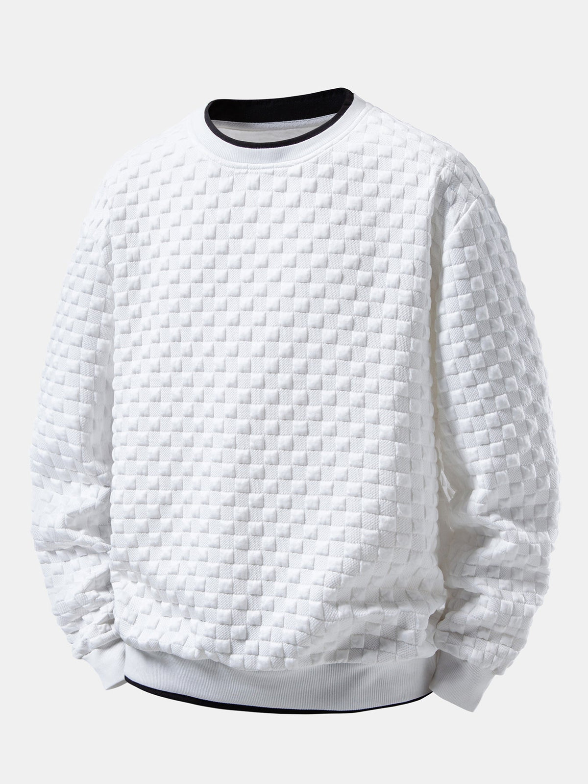 Sweatshirt til mænd i jacquard med hævet skakternet mønster – afslappet pasform, tekstureret rund hals, pullover med lagdelt halsudskæring og ribkanter