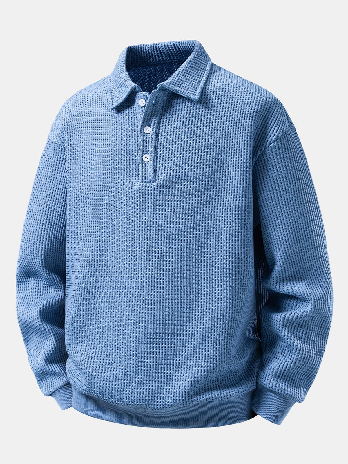 Men’s Waffle Textured Polo Sweatshirt with Button Collar – Relaxed Fit Long Sleeve Casual Pullover for Everyday Wear