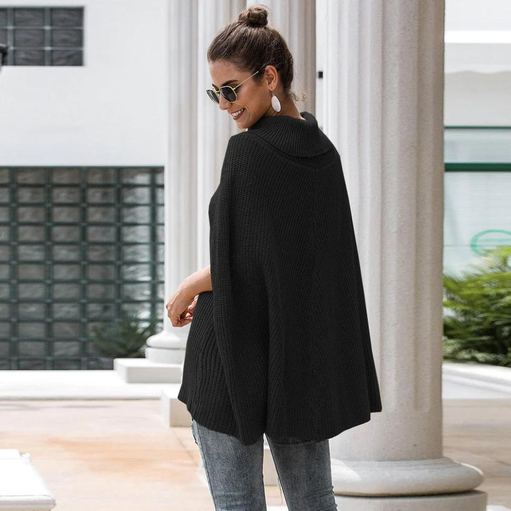 Women’s Roll-Neck Knit Poncho Sweater – Relaxed Cape-Style Layer for Cooler Days
