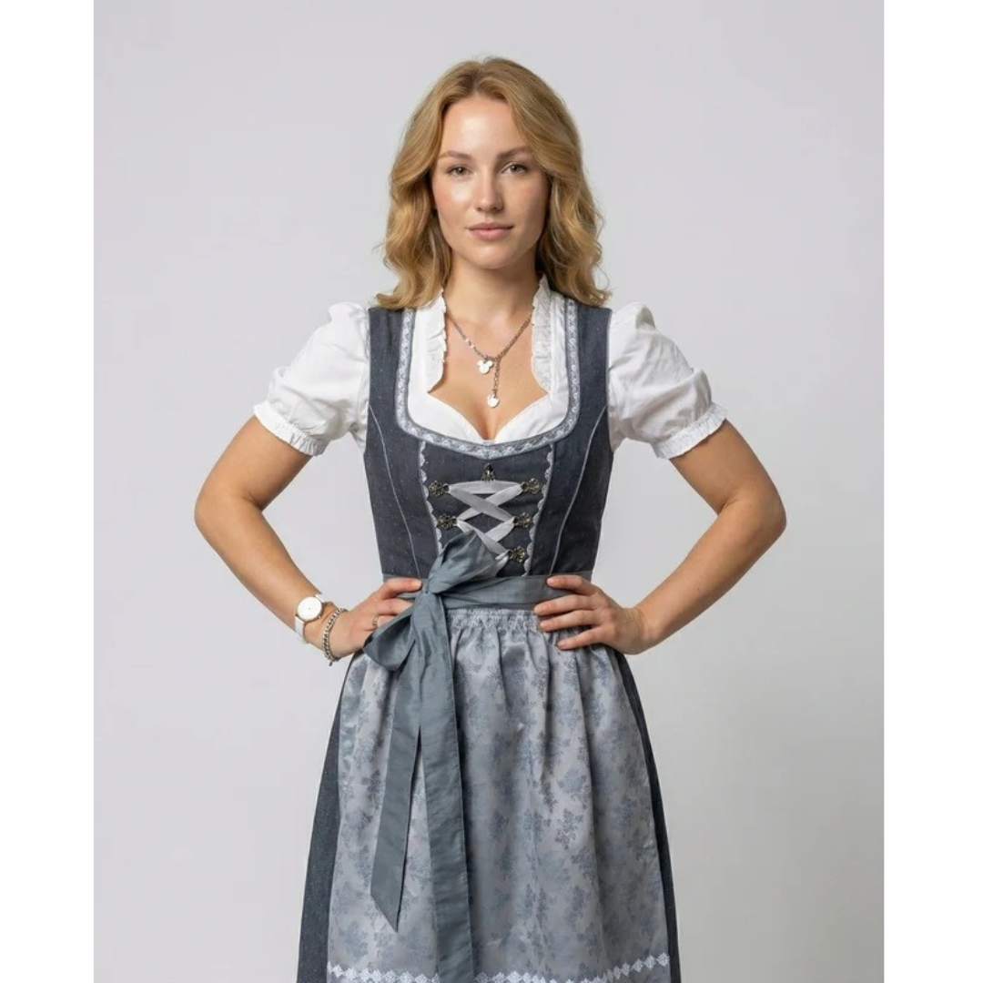 Dámské klasické dirndl midi šaty – v októberfestovém stylu s ozdobnou zástěrkou