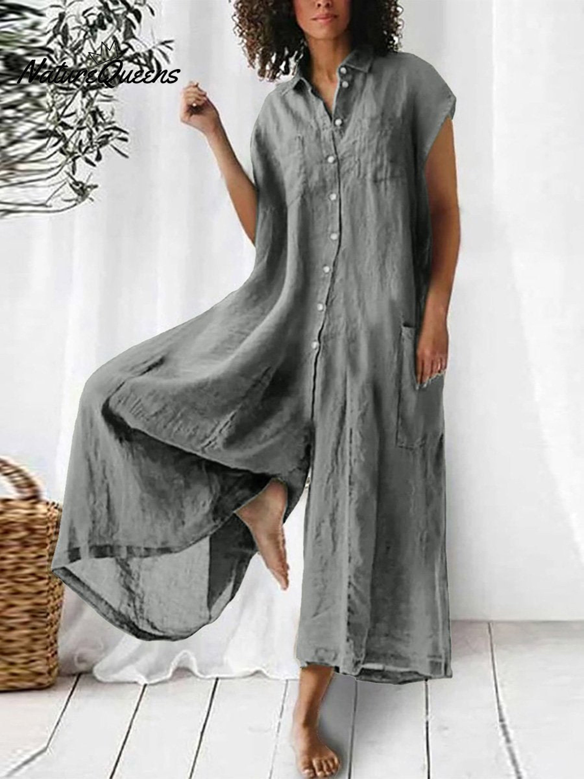 Combinaison ample en lin pour femme avec col et boutons sur le devant