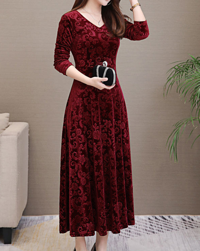 Robe midi imprimée pour femme avec col en V et jupe évasée