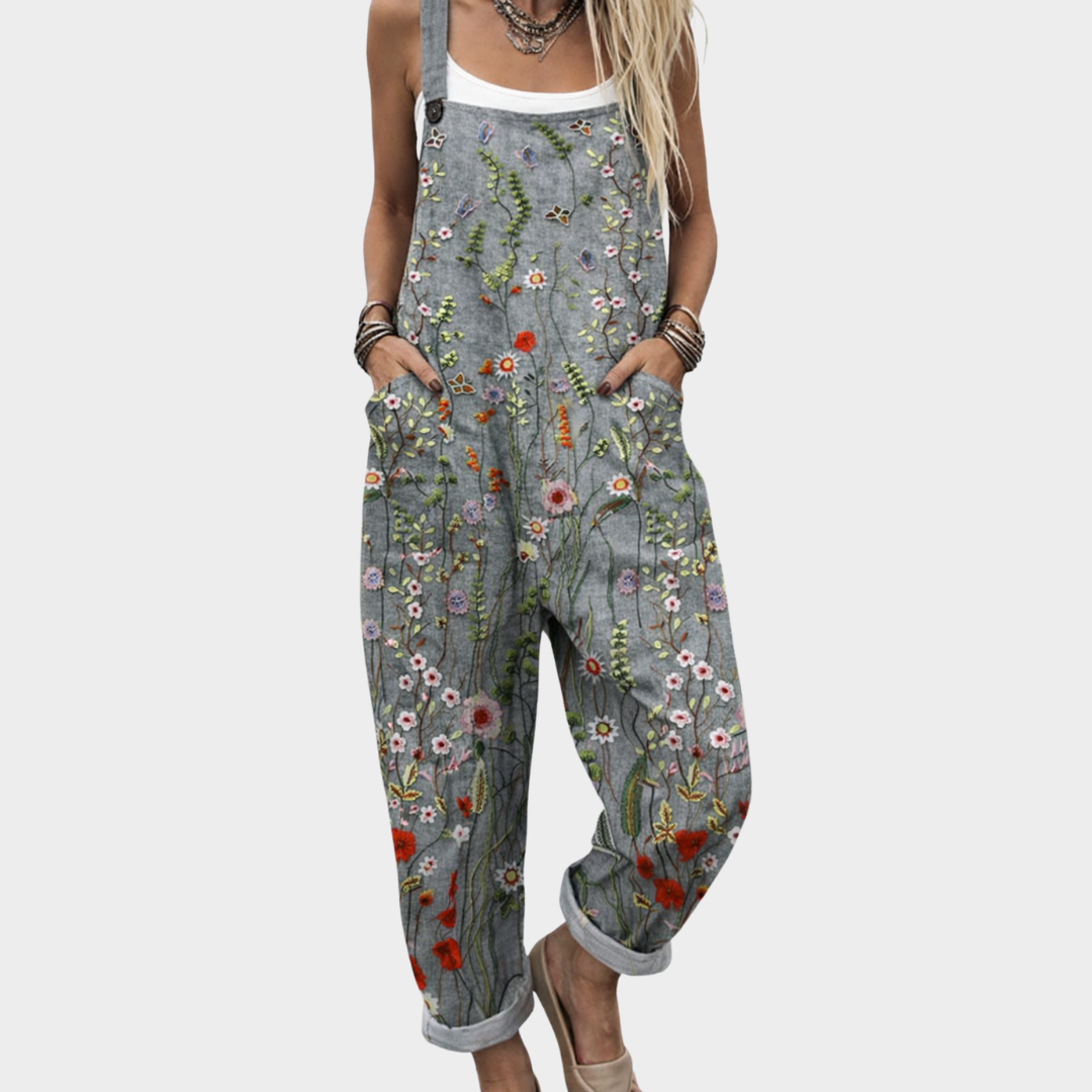 Women’s Printed Dungaree Jumpsuit with Rolled Cuffs