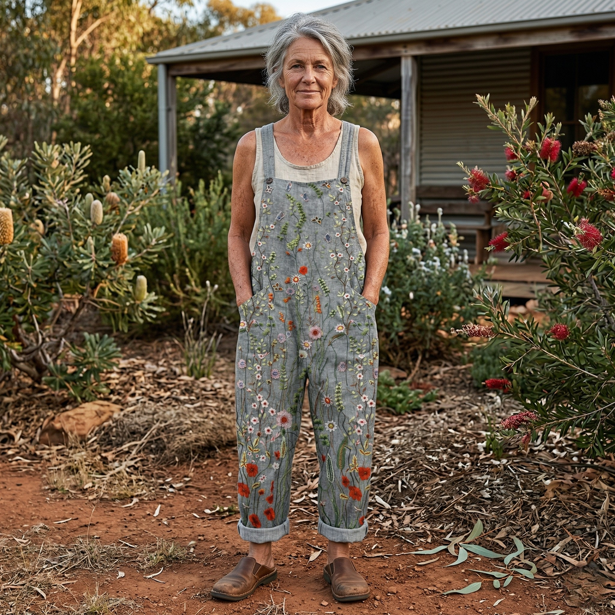 Women’s Printed Dungaree Jumpsuit with Rolled Cuffs