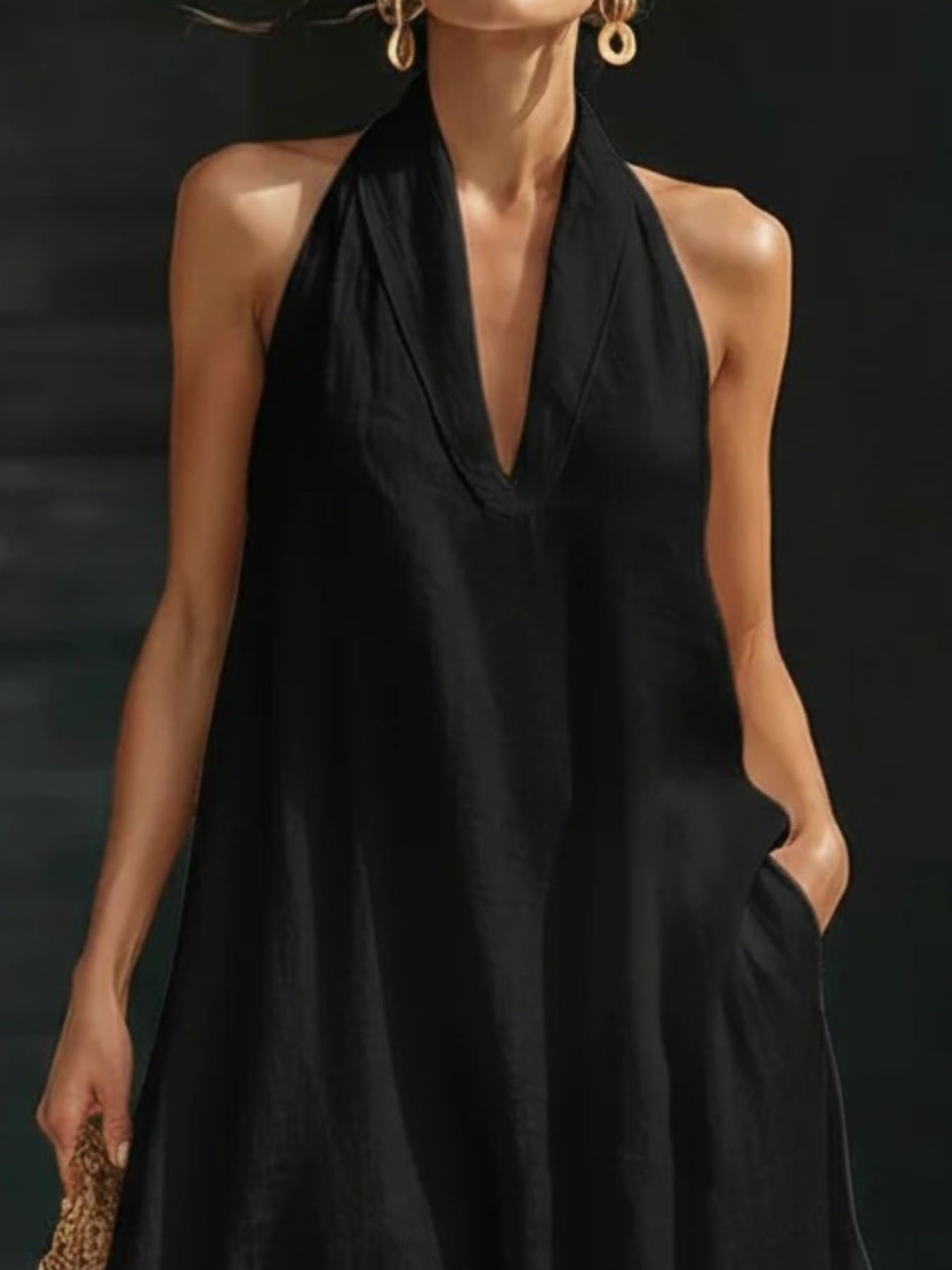 Abito lungo da donna con scollo all'americana e gonna a linea ad A fluente