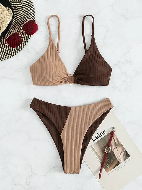 Women’s Bikini Set Ribbed Ring Detail High Cut Swimwear