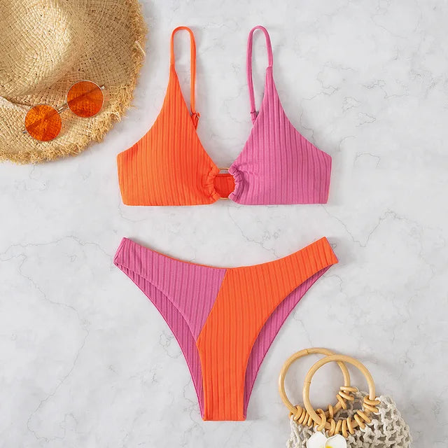 Women’s Bikini Set Ribbed Ring Detail High Cut Swimwear
