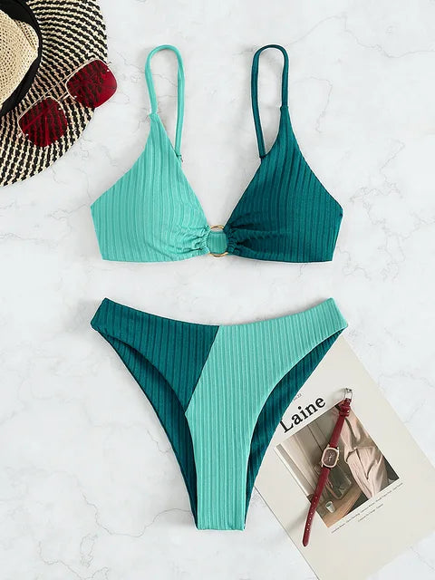 Women’s Bikini Set Ribbed Ring Detail High Cut Swimwear