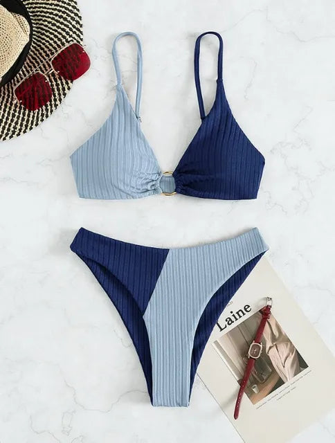 Women’s Bikini Set Ribbed Ring Detail High Cut Swimwear