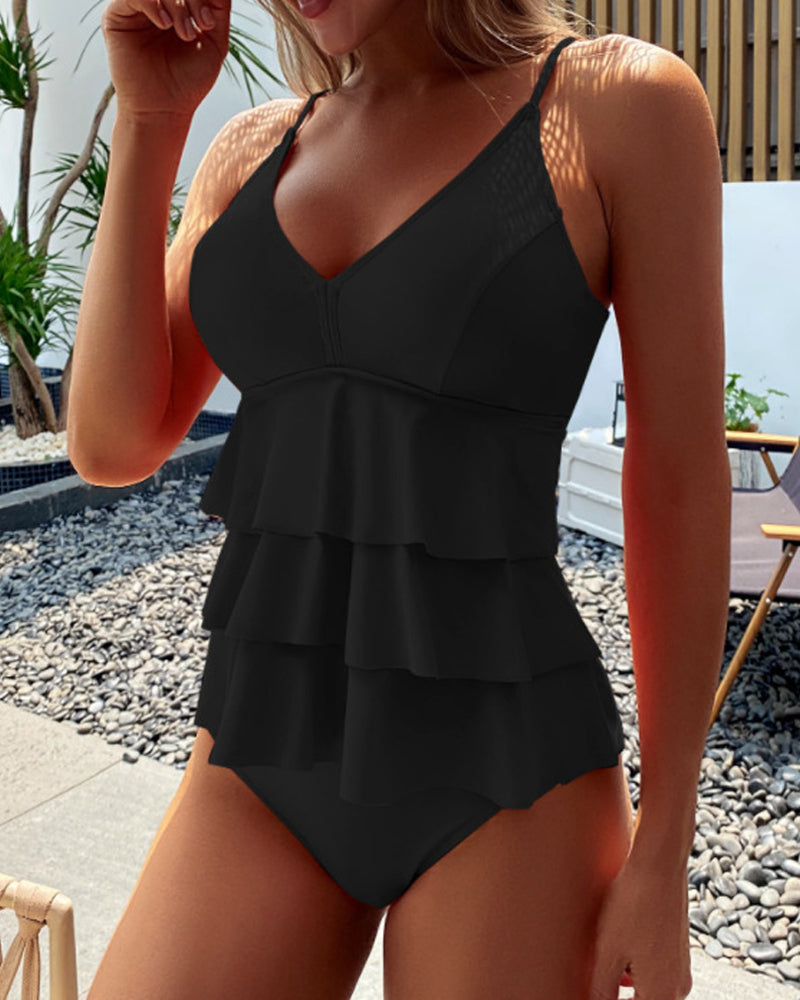 Dámské plavky tankini s volánky, podpůrný výstřih do V