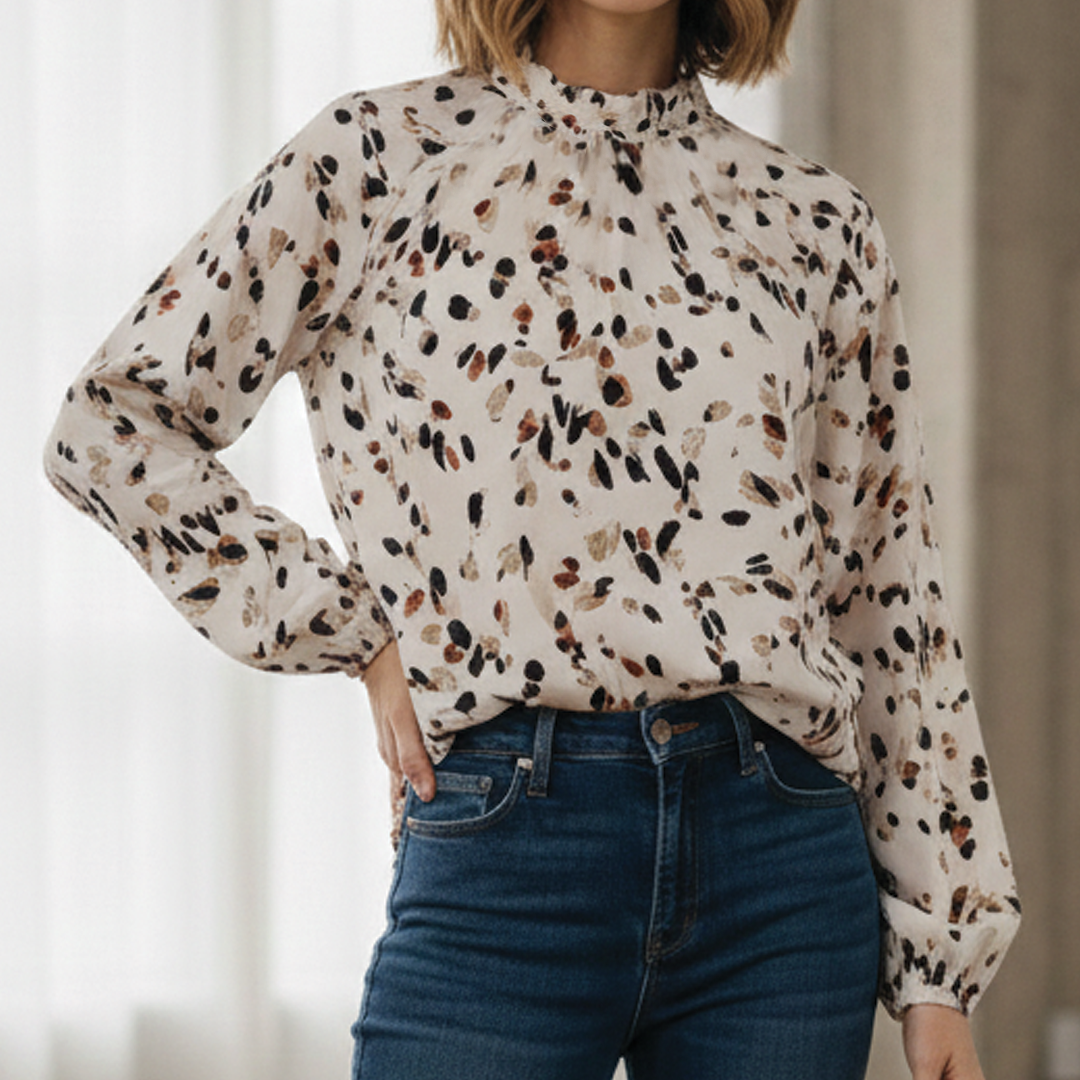 Damenbluse mit Print und Rüschenkragen, Puffärmeln und langen Ärmeln – Vintage-inspirierter Stil für Büro und Alltag