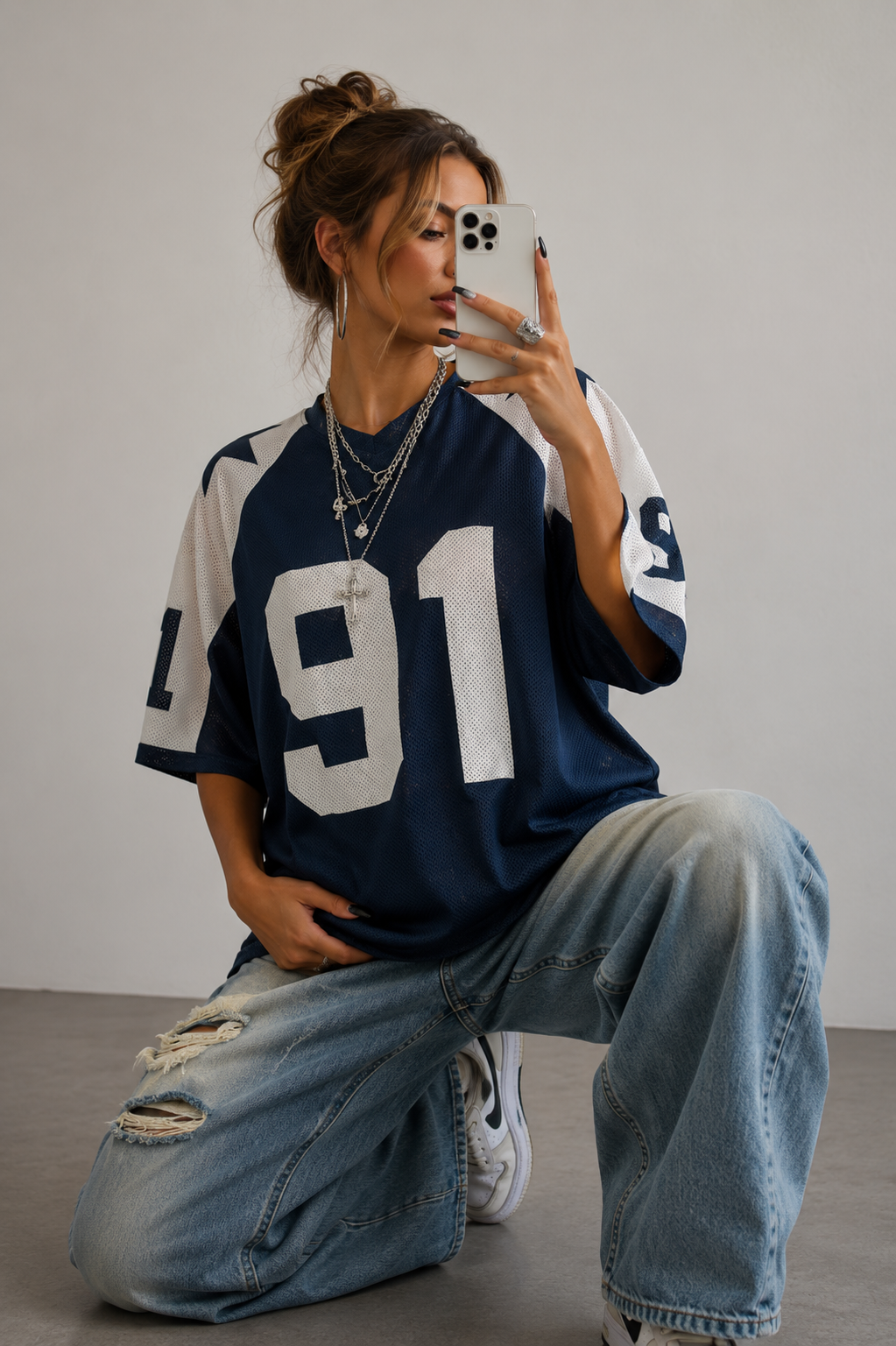 Women’s Oversized Jersey Shirt Printed Sporty Mesh Top