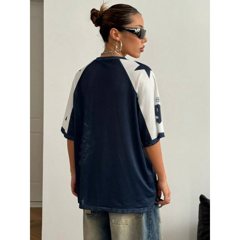 Women’s Oversized Jersey Shirt Printed Sporty Mesh Top