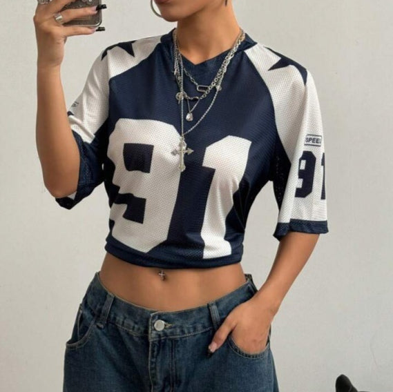 Women’s Oversized Jersey Shirt Printed Sporty Mesh Top
