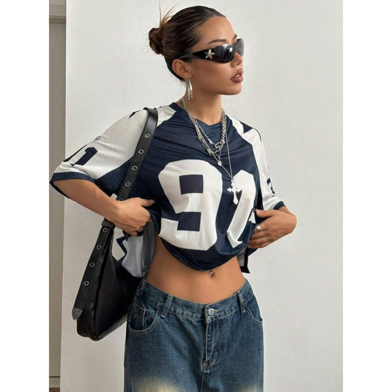 Women’s Oversized Jersey Shirt Printed Sporty Mesh Top