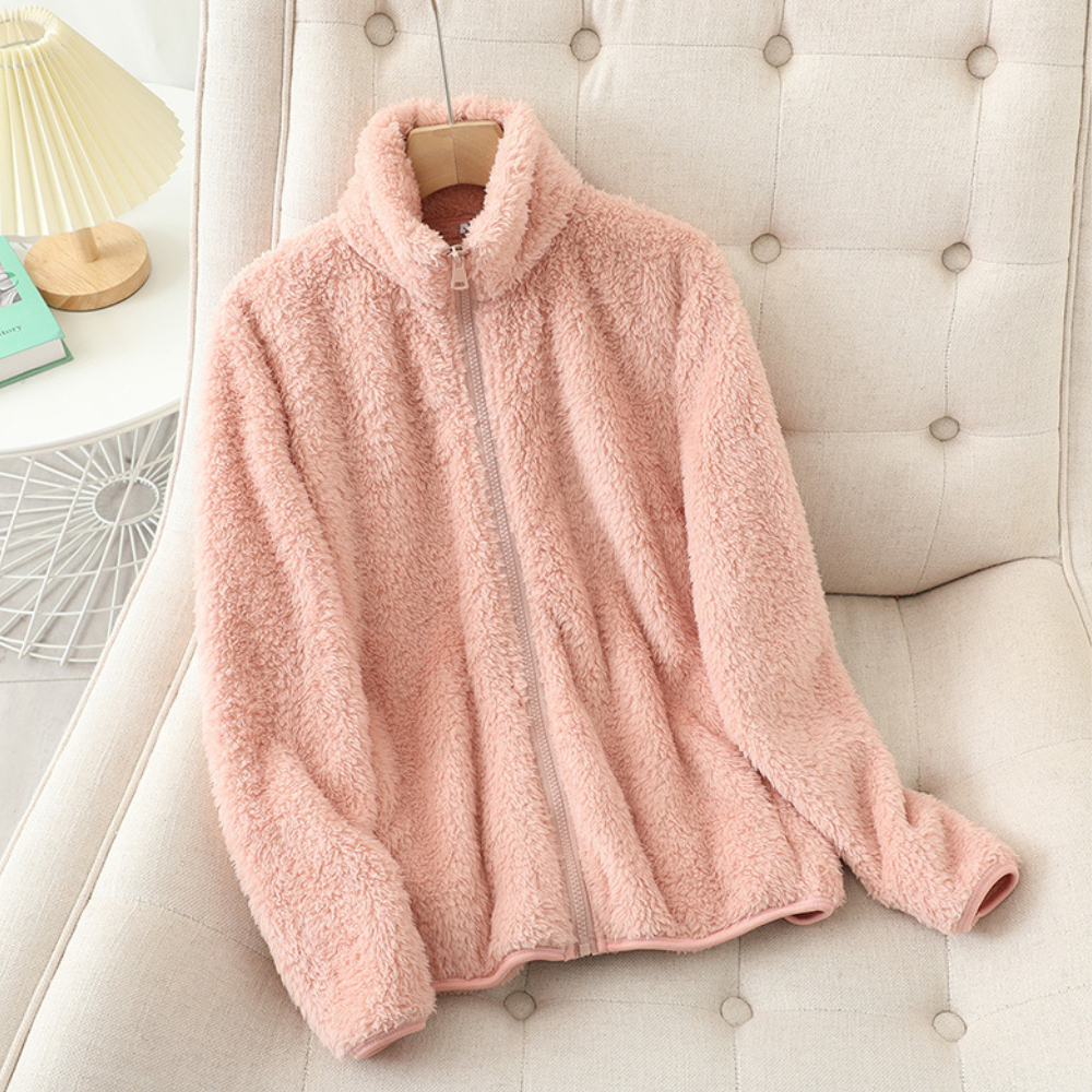 Veste zippée en polaire peluche pour femme – couche douce à col montant pour un confort hivernal au quotidien