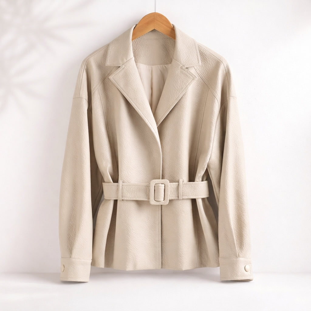 Women’s Belted Faux-Leather Jacket – Notched-Lapel Waist-Defining Outerwear for Smart Casual Autumn and Winter Styling