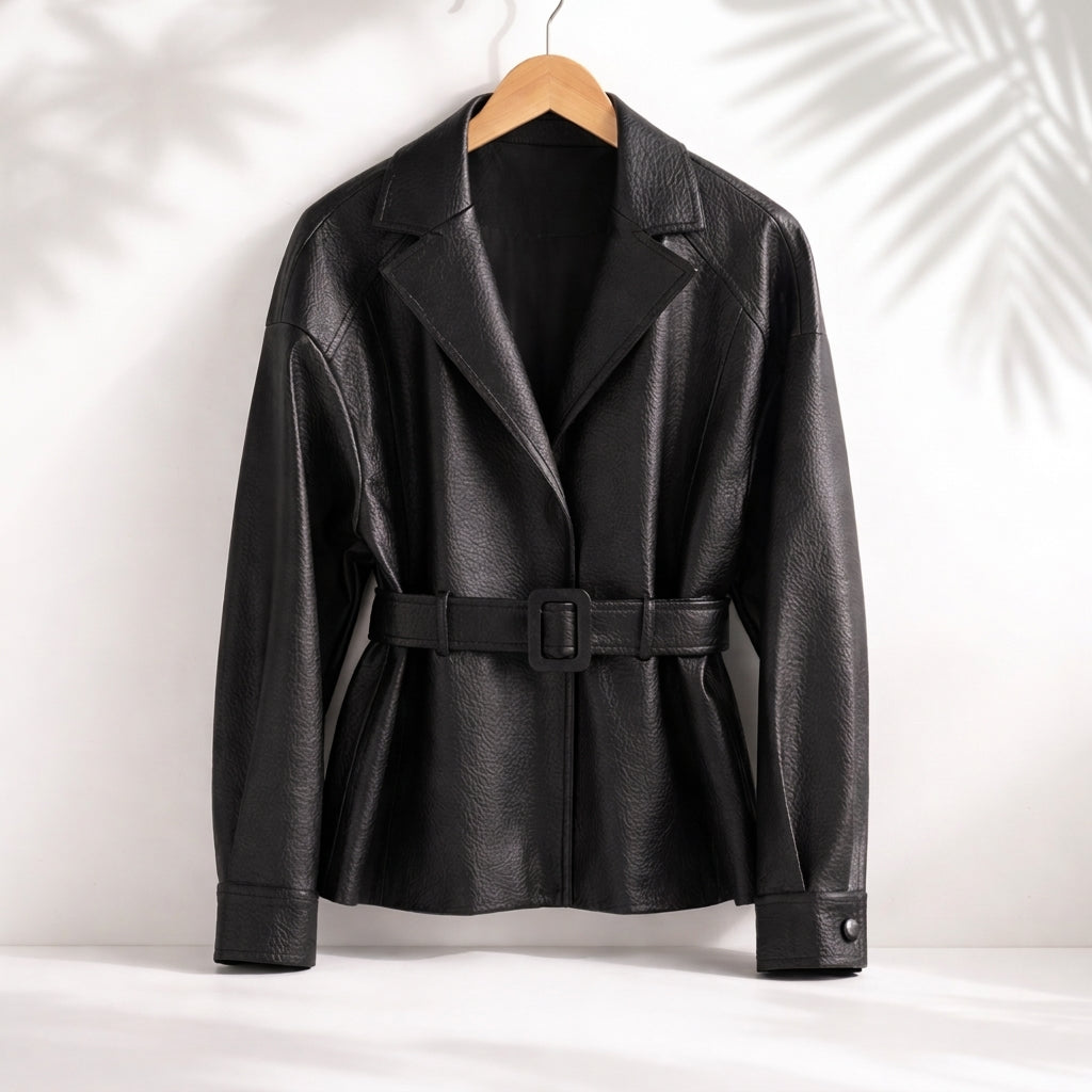 Women’s Belted Faux-Leather Jacket – Notched-Lapel Waist-Defining Outerwear for Smart Casual Autumn and Winter Styling