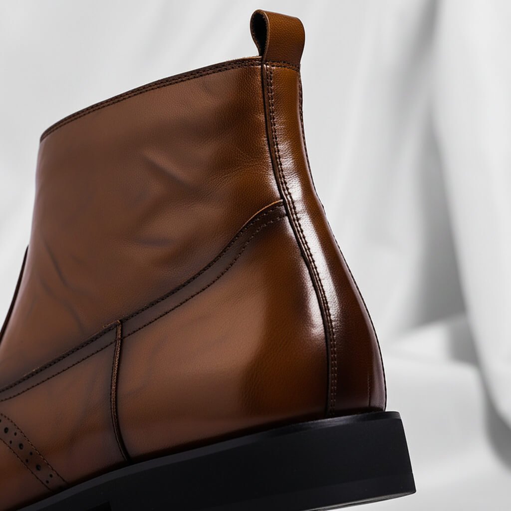 Botins de homem em pele italiana com brogues – calçado elegante e engraxado para um estilo casual de negócios e para a noite