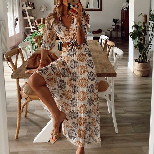 Women’s Printed Maxi Dress Button Front Belted Waist Flowing Casual Summer Style
