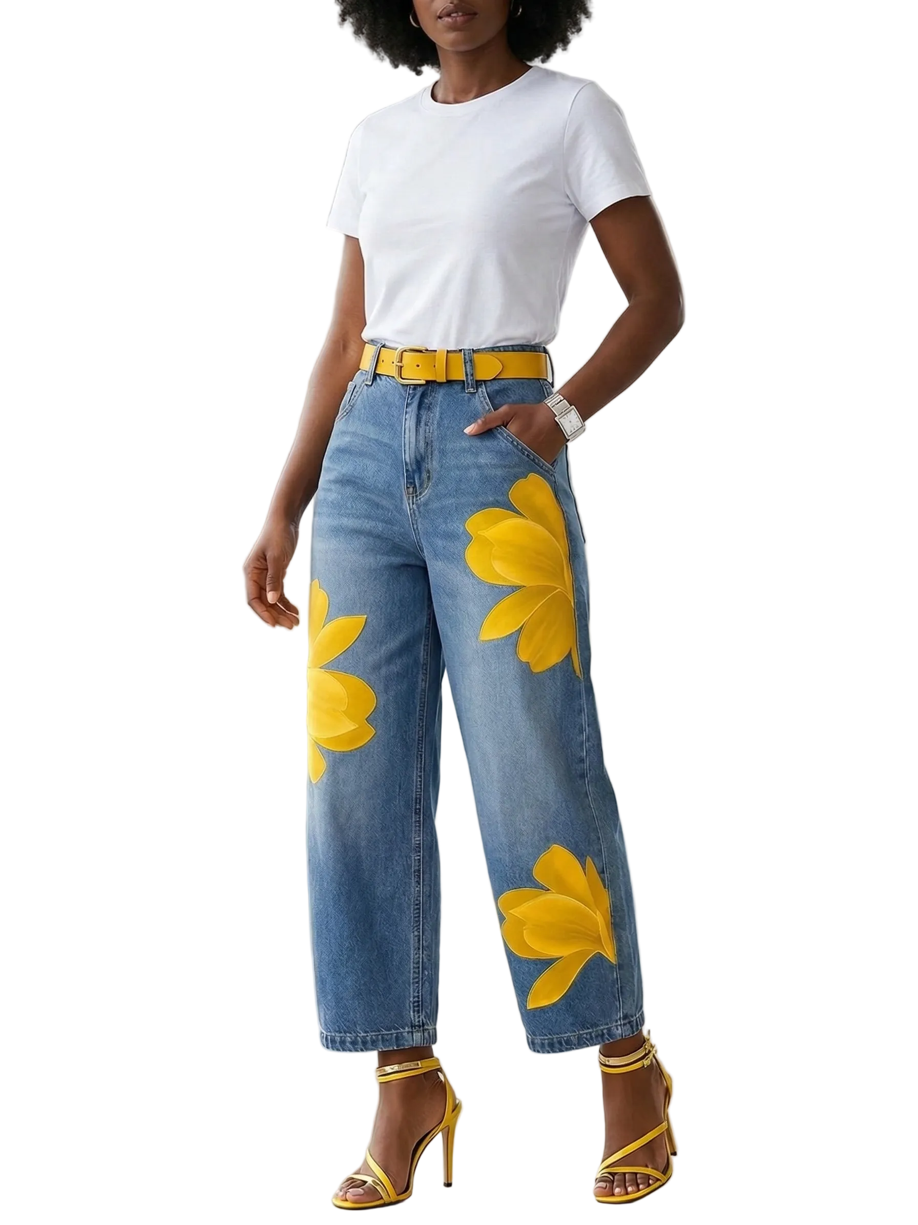 Women’s Printed Wide-Leg Jeans – High-Waist Cropped Denim for Spring and Summer Casual Wear