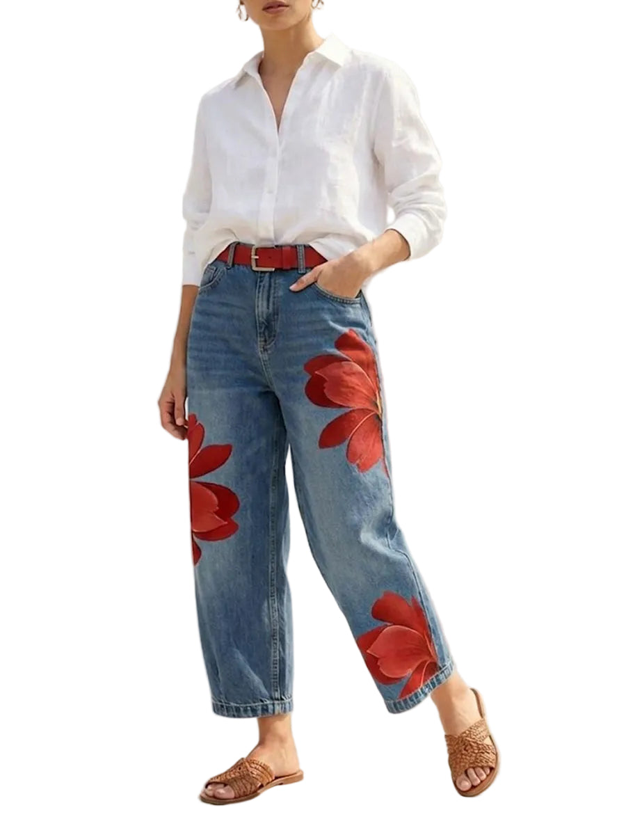 Women’s Printed Wide-Leg Jeans – High-Waist Cropped Denim for Spring and Summer Casual Wear