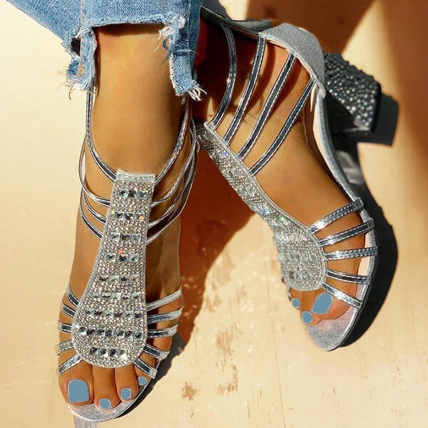 Sandálias de salto bloco com strass para mulher – sapatos de tiras, abertos à frente, para casamentos e eventos noturnos