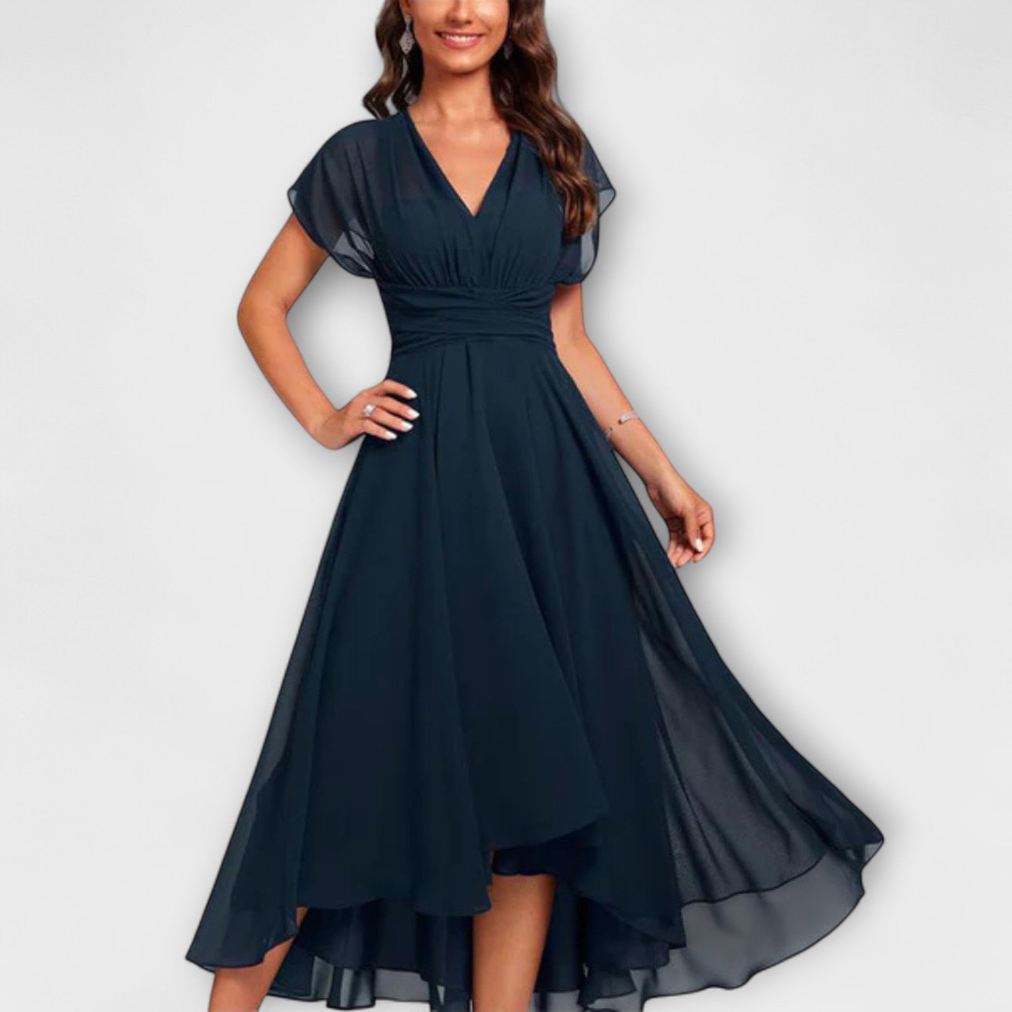 Abito midi da donna in chiffon con scollo a V e vita arricciata