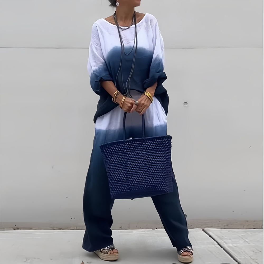 Women’s Cotton & Linen Two-Piece Set – T-Shirt and Pants with Gradient for Summer Comfort