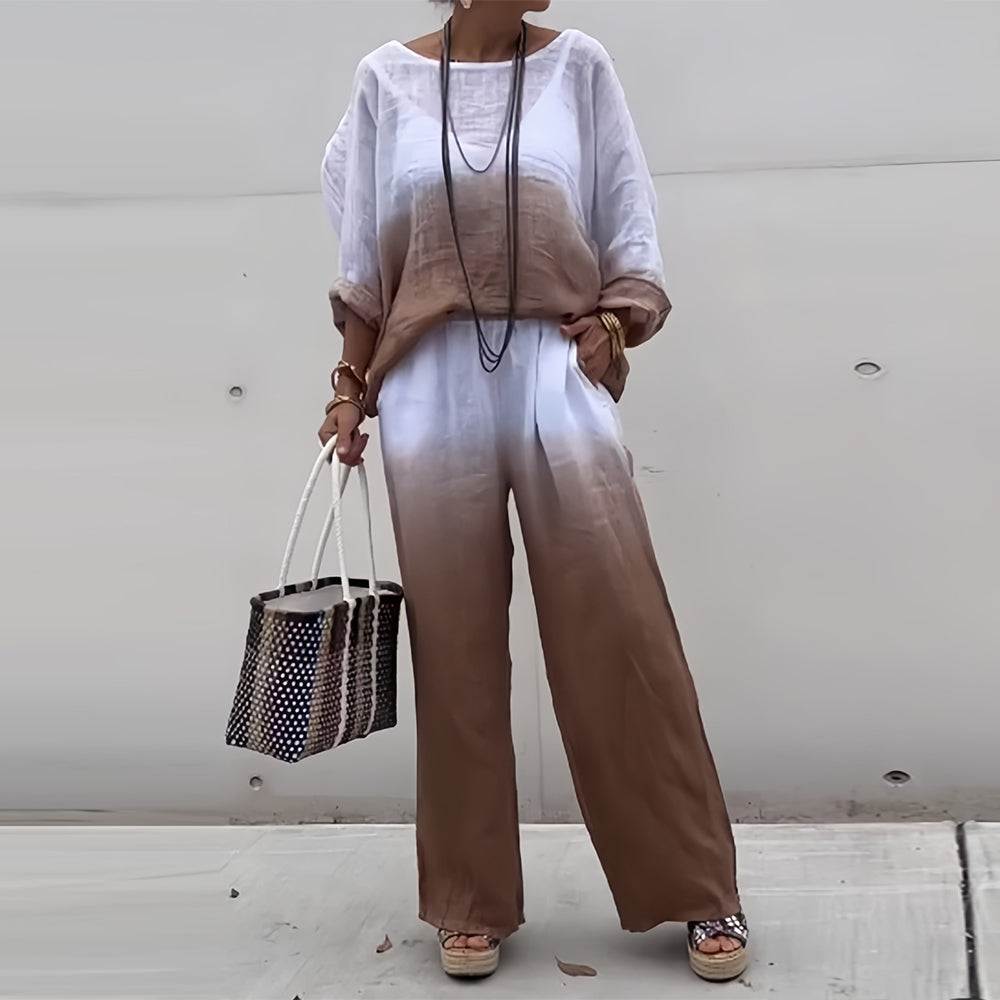 Women’s Cotton & Linen Two-Piece Set – T-Shirt and Pants with Gradient for Summer Comfort