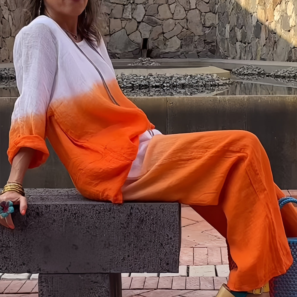 Women’s Cotton & Linen Two-Piece Set – T-Shirt and Pants with Gradient for Summer Comfort