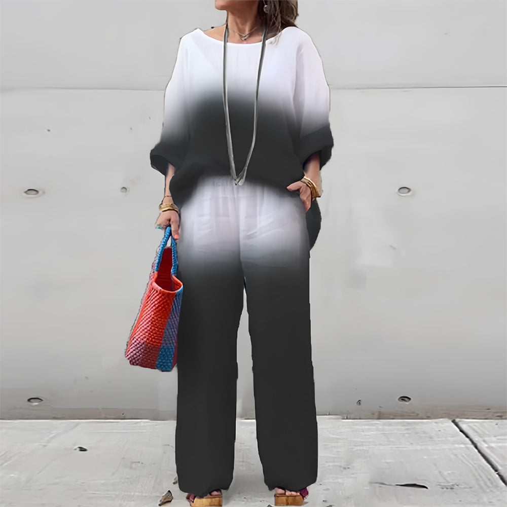 Women’s Cotton & Linen Two-Piece Set – T-Shirt and Pants with Gradient for Summer Comfort