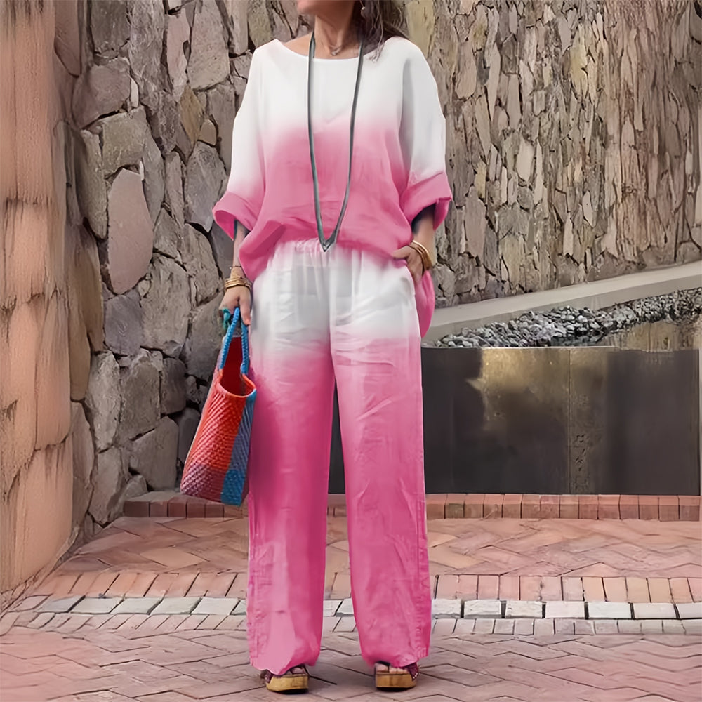 Women’s Cotton & Linen Two-Piece Set – T-Shirt and Pants with Gradient for Summer Comfort