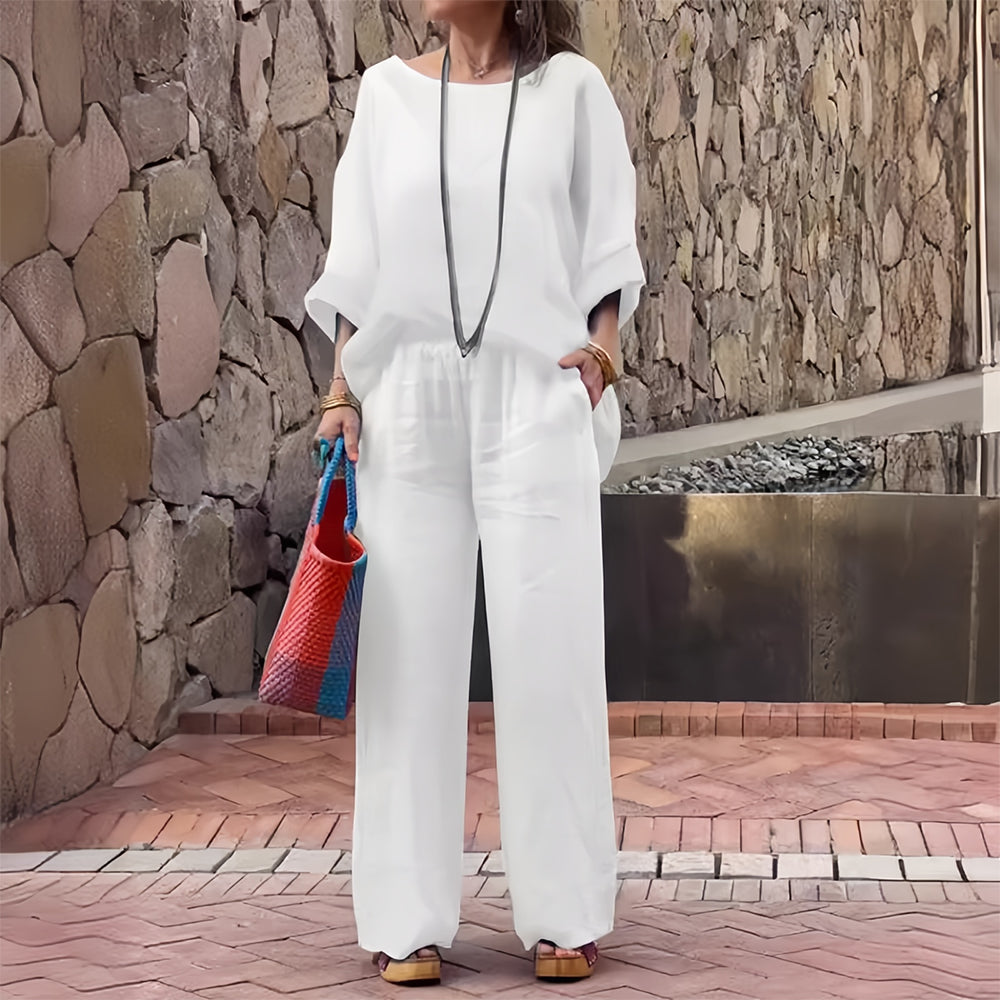 Women’s Cotton & Linen Two-Piece Set – T-Shirt and Pants with Gradient for Summer Comfort