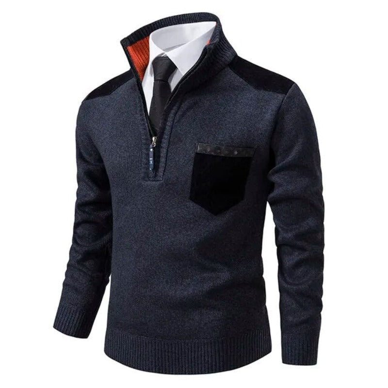 Herre sweater med kvart lynlås i kashmir og brystlomme