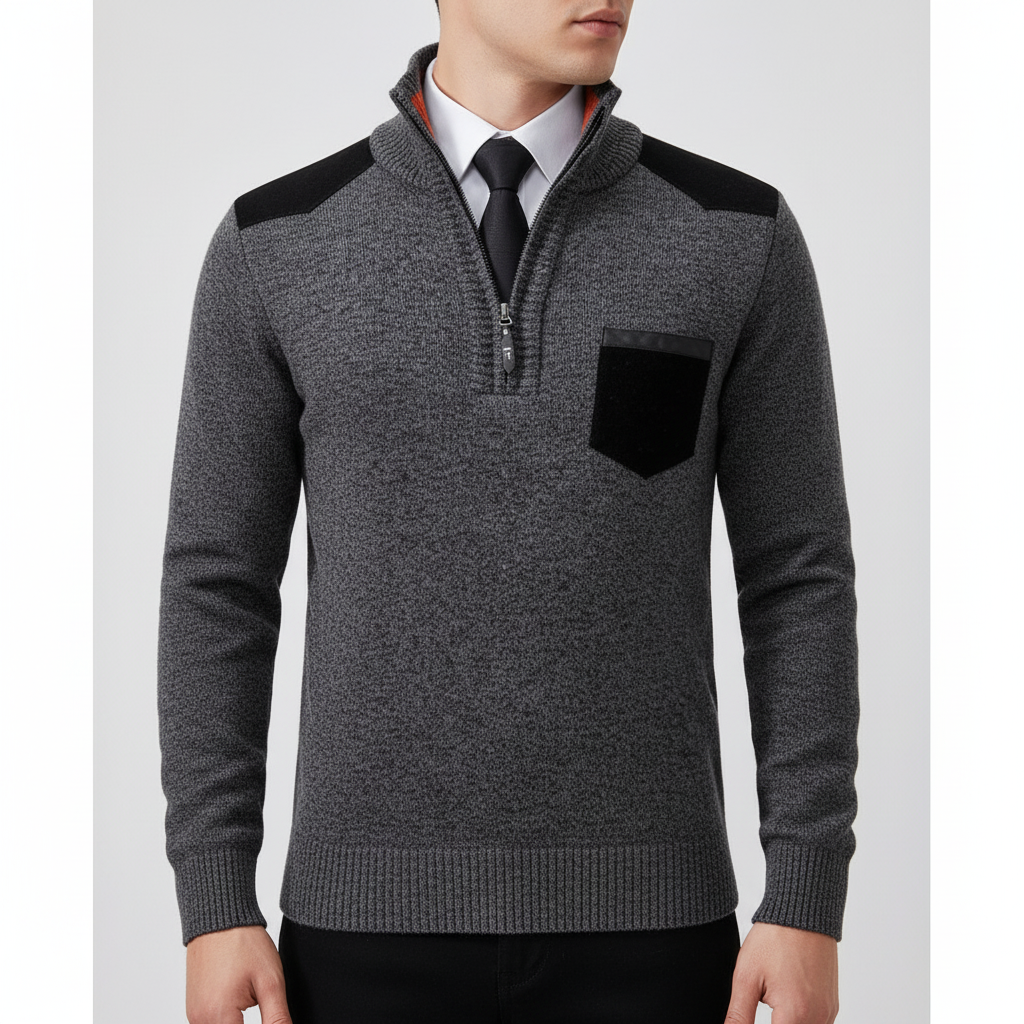 Herre sweater med kvart lynlås i kashmir og brystlomme