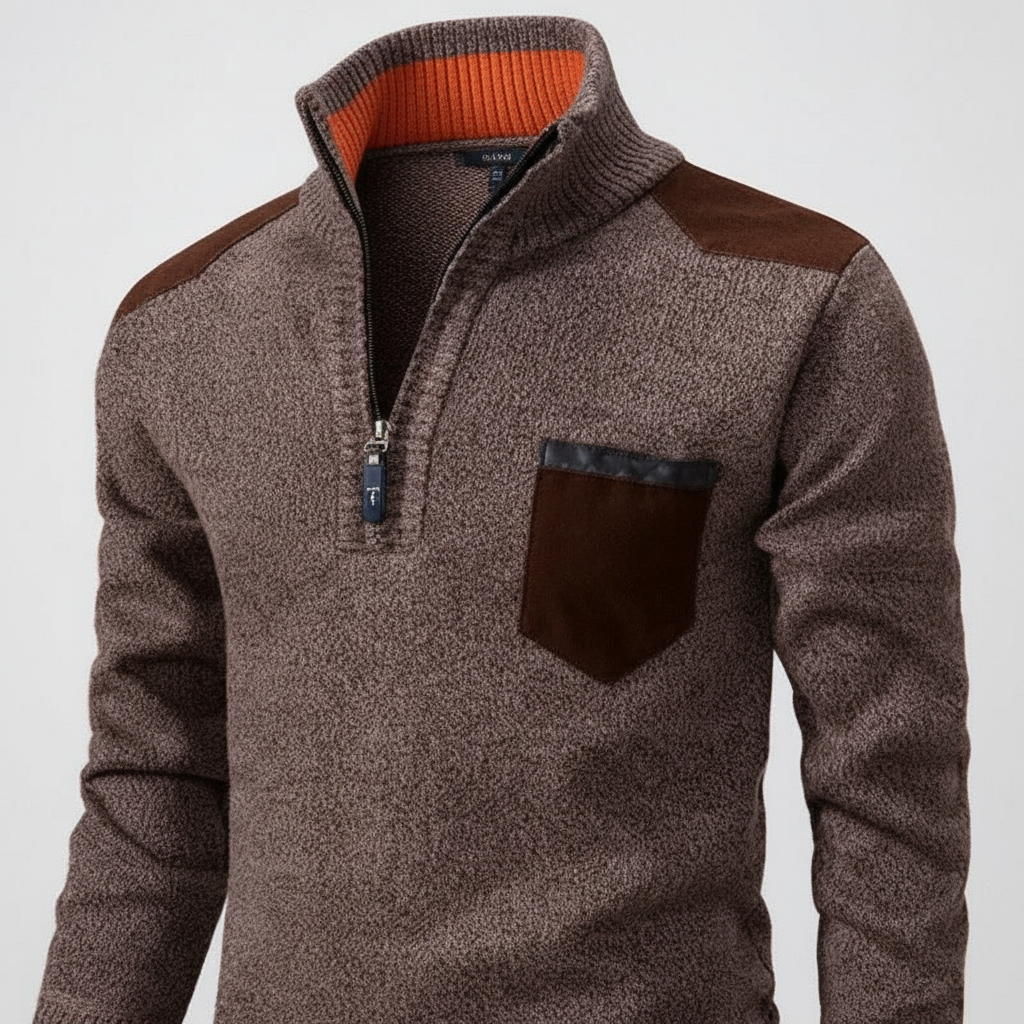 Herre sweater med kvart lynlås i kashmir og brystlomme
