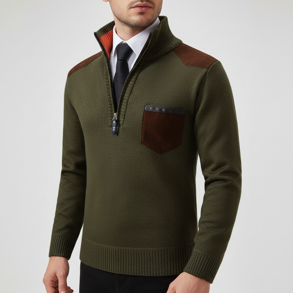 Herre sweater med kvart lynlås i kashmir og brystlomme