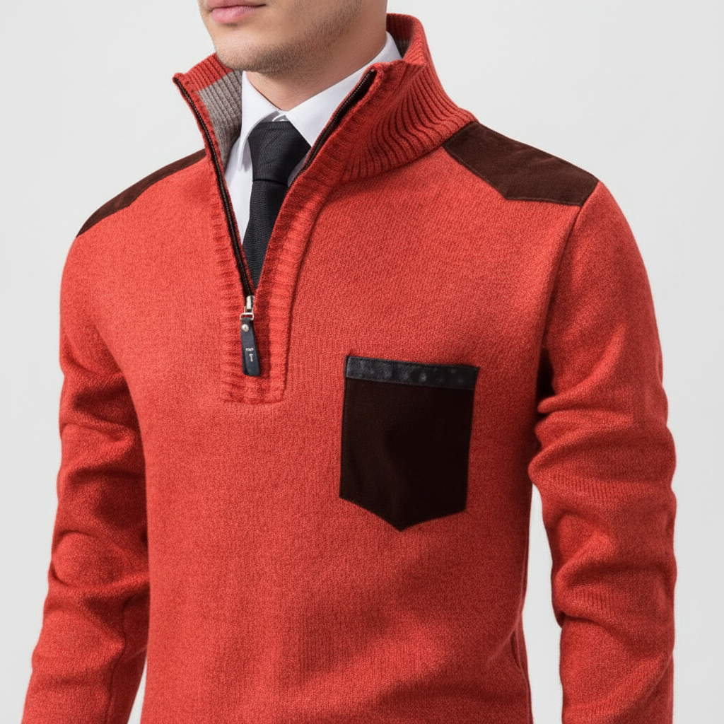 Herre sweater med kvart lynlås i kashmir og brystlomme