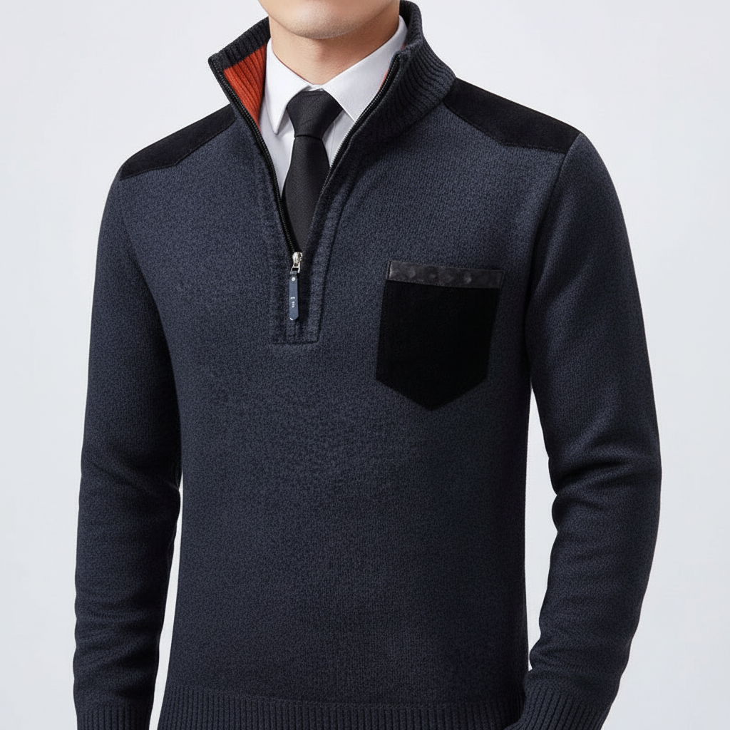 Herre sweater med kvart lynlås i kashmir og brystlomme