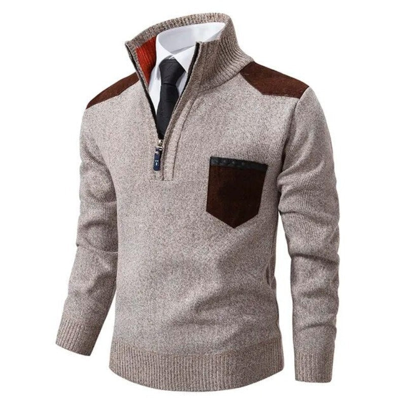Herre sweater med kvart lynlås i kashmir og brystlomme