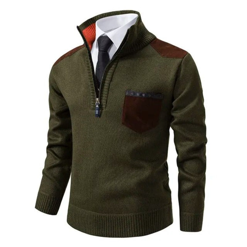 Herre sweater med kvart lynlås i kashmir og brystlomme