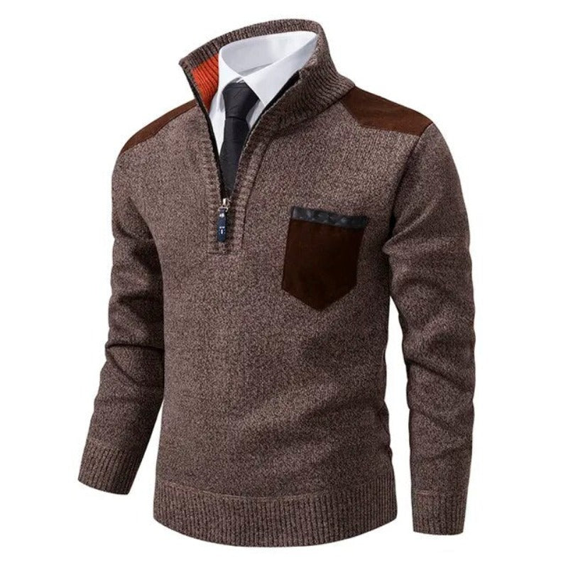 Herre sweater med kvart lynlås i kashmir og brystlomme