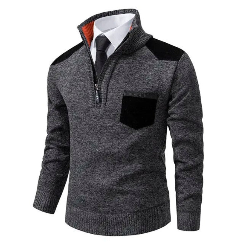 Herre sweater med kvart lynlås i kashmir og brystlomme