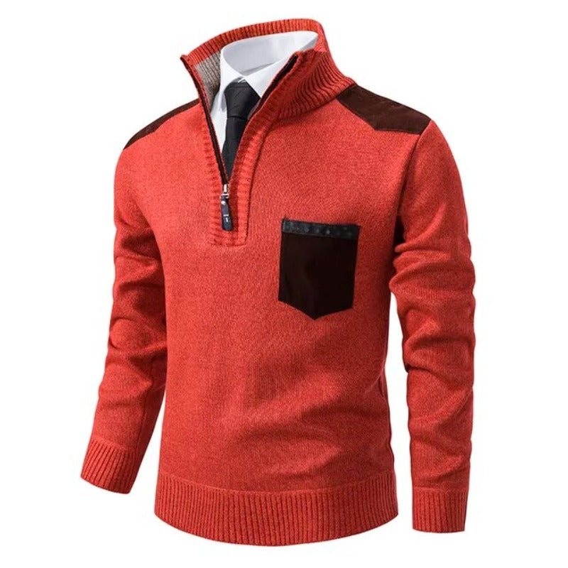Herre sweater med kvart lynlås i kashmir og brystlomme