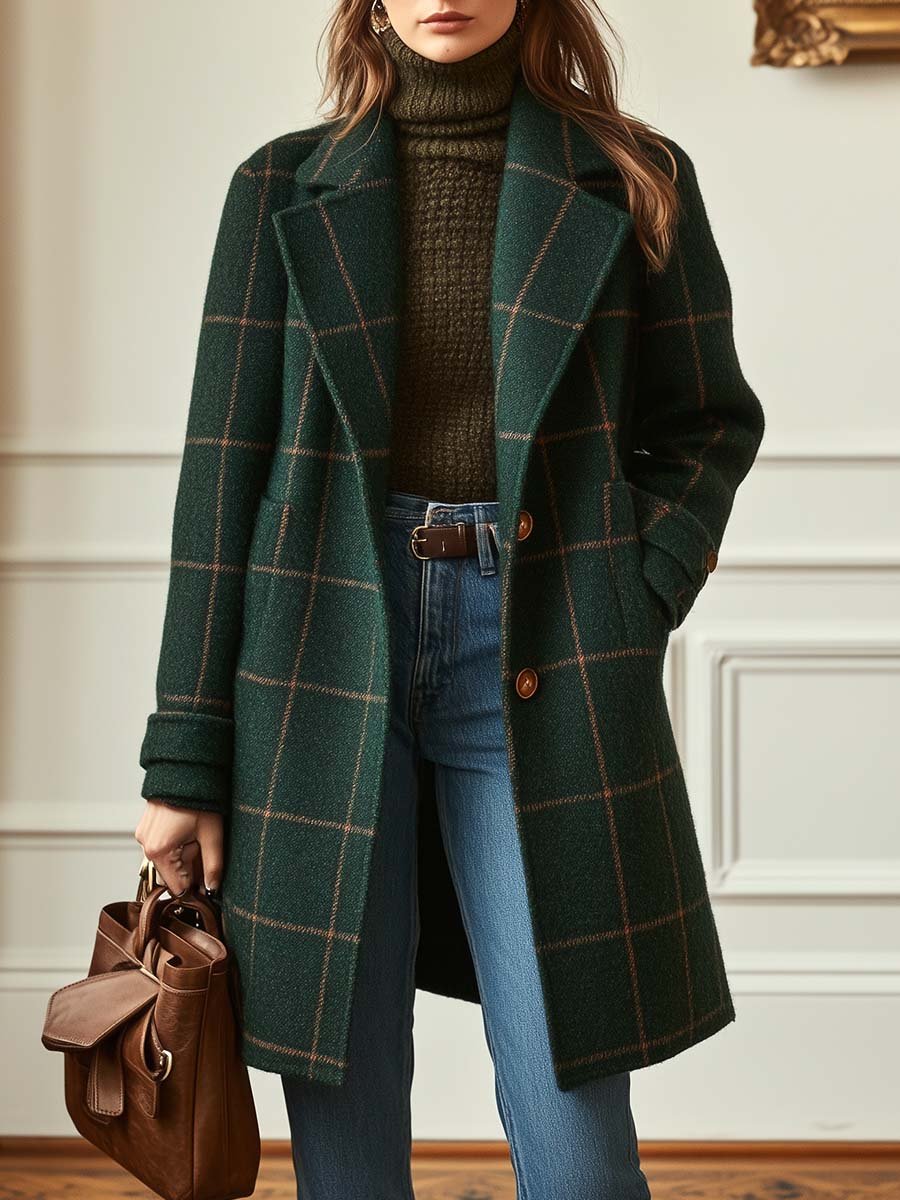 Casaco de tweed de mistura de lã para mulher – agasalho comprido estampado para o outono e o inverno