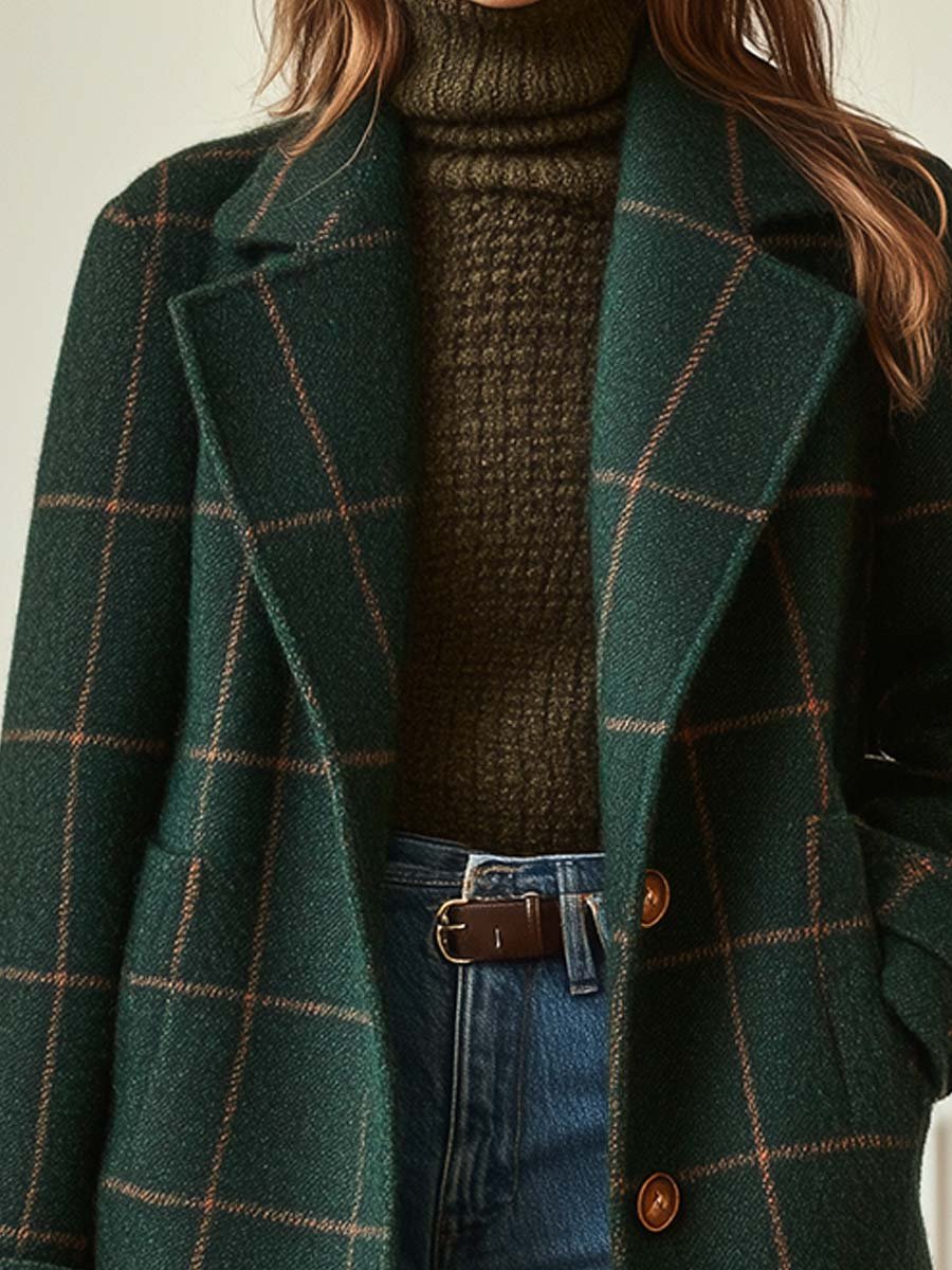 Casaco de tweed de mistura de lã para mulher – agasalho comprido estampado para o outono e o inverno