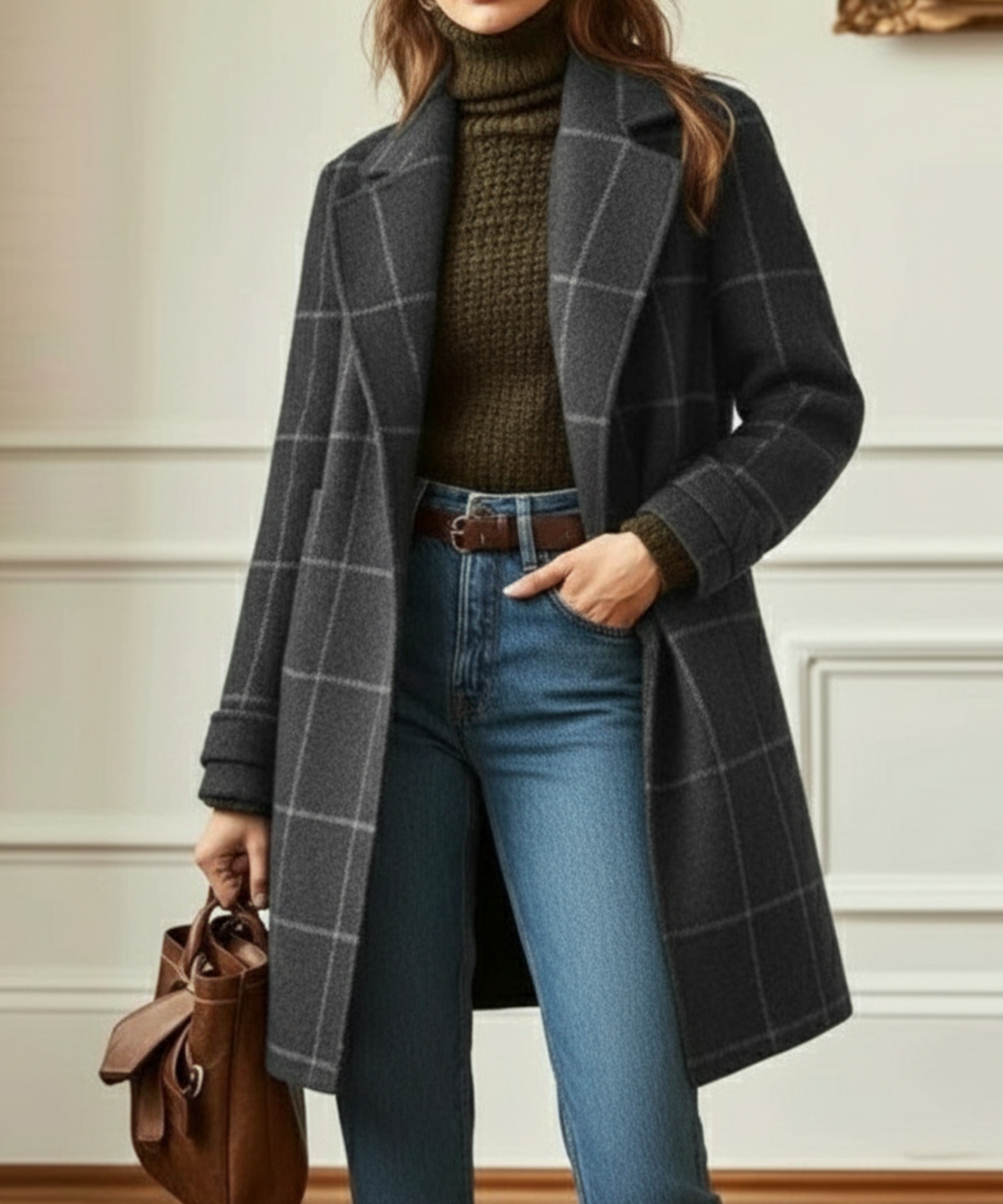 Casaco de tweed de mistura de lã para mulher – agasalho comprido estampado para o outono e o inverno