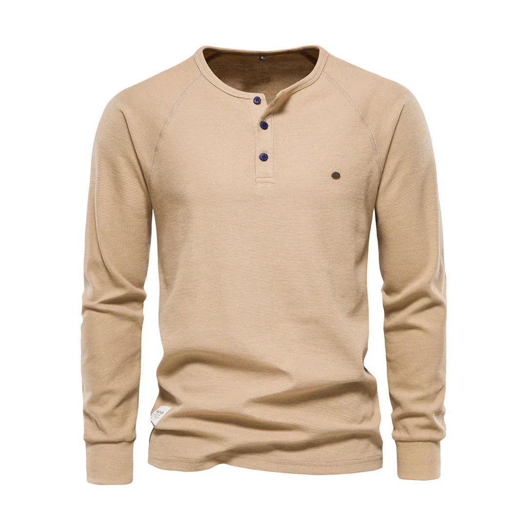 Camiseta Henley para hombre, manga larga, cuello con botones, casual
