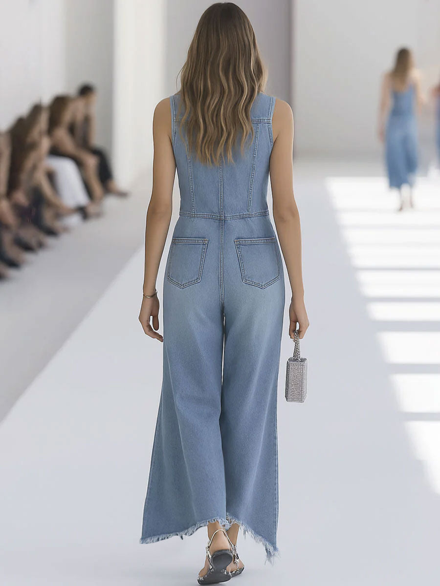 Combinaison en jean sans manches pour femme – coupe à jambes larges, boutonnée sur le devant, idéale pour un style décontracté estival